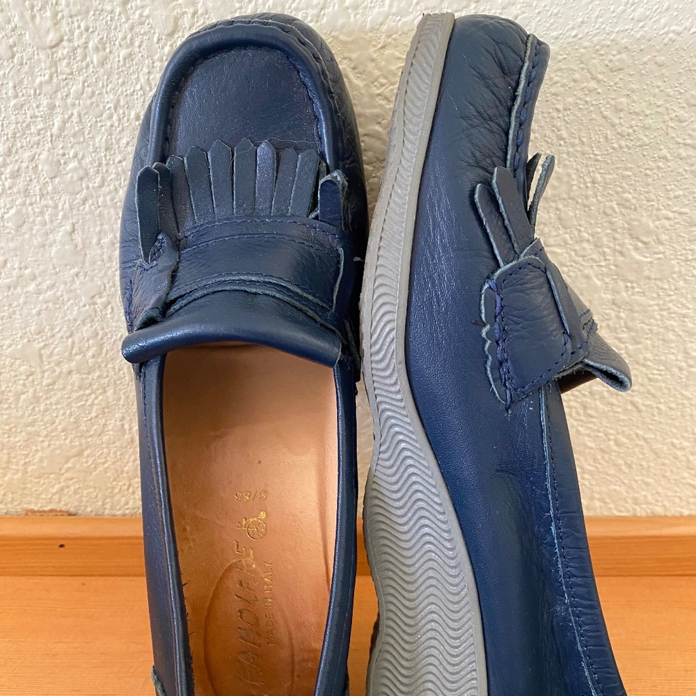 Vtg Famolare NAVY Blue Leather Wave There Loafer Shoes Sz 8 N Narrow Moccasin